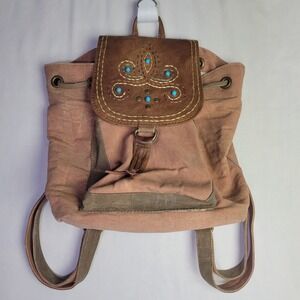 Mona B Canvas Dreamweaver Backpack  Bag Turquoise, Leather Stud Accents Aztec